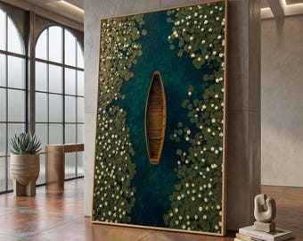 Tranquil Wooden Boat Canvas, Water Lily Pond Art, Calm Nature Landscape, Serene Water Scene, Floral Water Lilies Canvas #0643