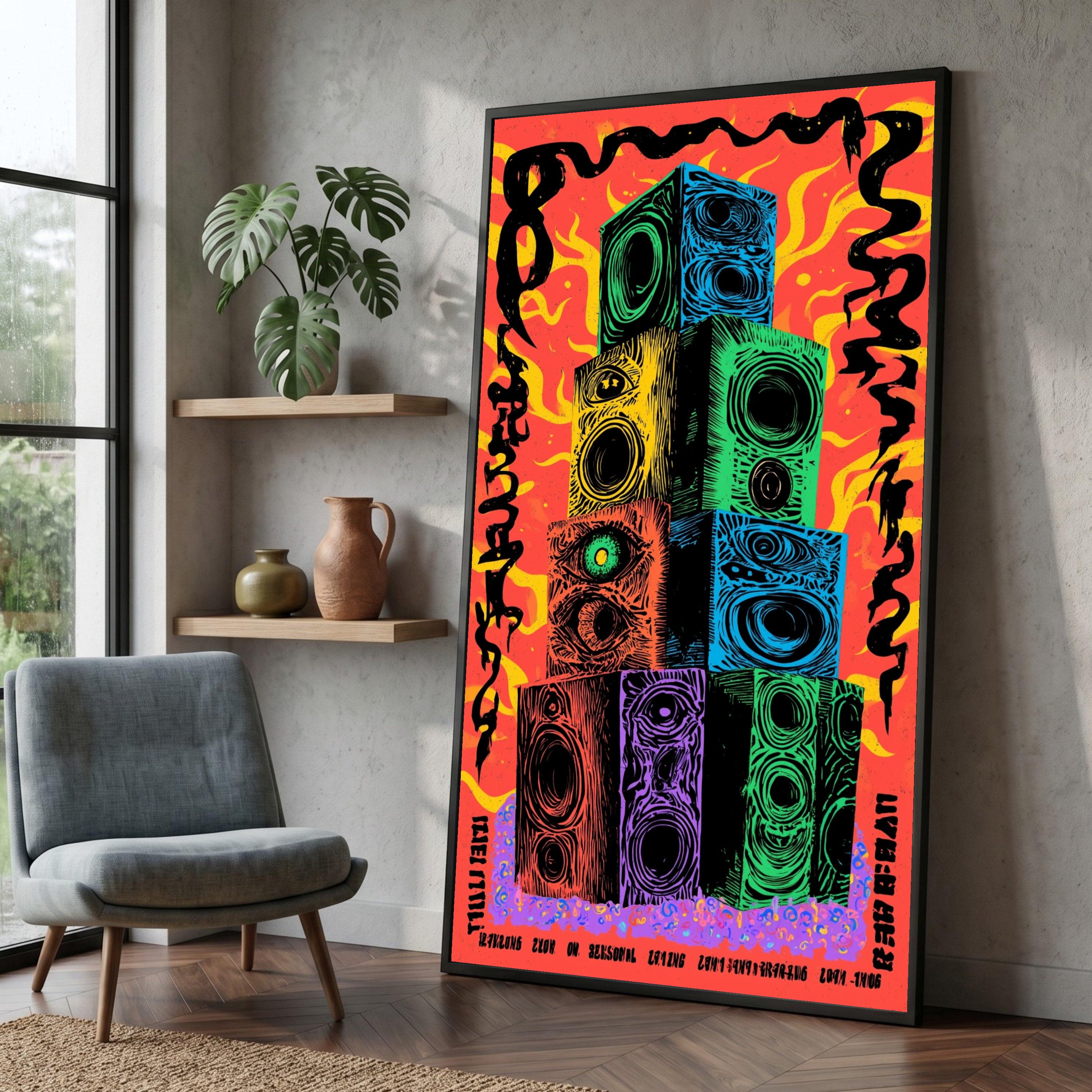 Vibrant Abstract Speakers Stack Canvas, Psychedelic Music Art