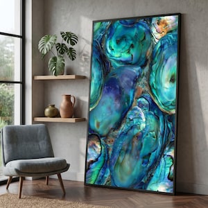 Schimmernde blaue Abalone-Muscheln auf Leinwand – Wandbild, maritime Wohndekoration, Nahaufnahme einer natürlichen Muschel, Küsten-Wanddekoration #1163