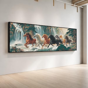 Majestic Running Horses Canvas, Waterfall Landscape Wall Art, Nature Animal Scene, Powerful Wild Horses Print #1231