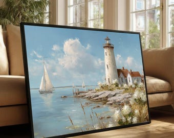 Coastal Lighthouse Scene Canvas, Sailboats on Calm Water, Seaside Cottage Wall Art, Ocean View Canvas Decoration, Nautical Home Decor #0265