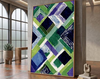 Geometric Abstract Canvas, Green Blue Purple Wall Art, Modern Pattern Painting, Canvas Decor, Contemporary Home Decoration #0658
