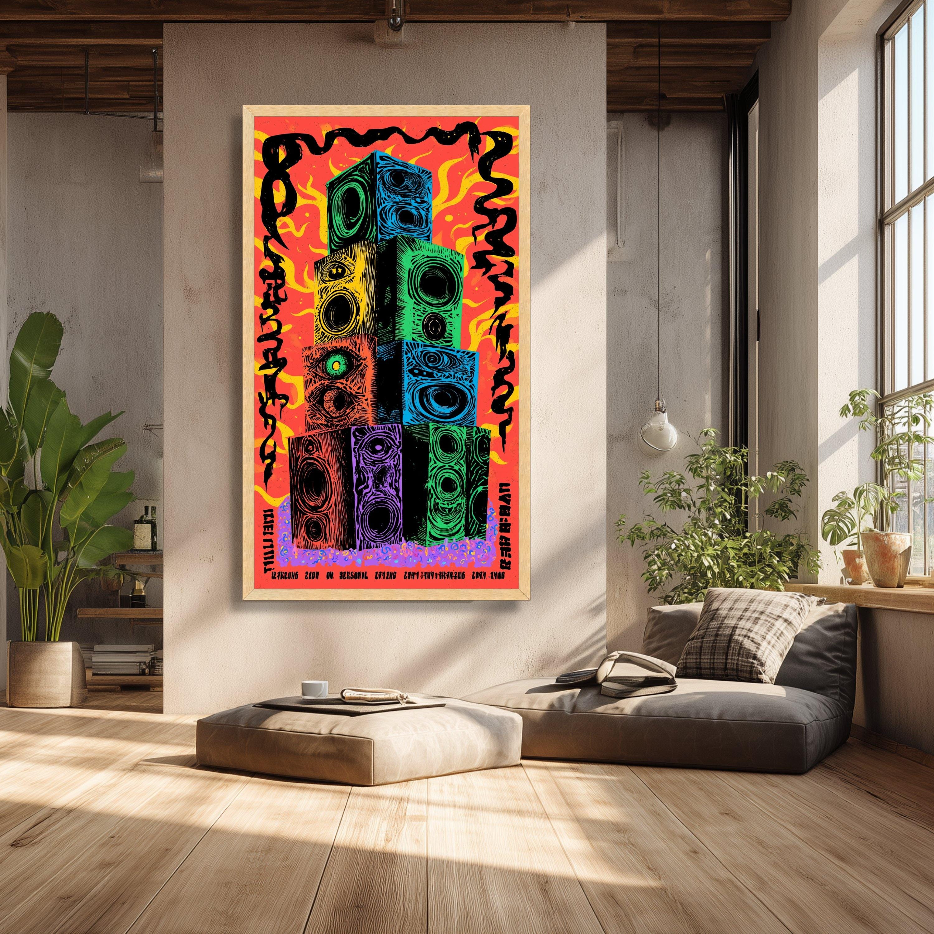 Vibrant Abstract Speakers Stack Canvas, Psychedelic Music Art