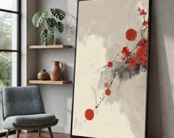 Cuadro abstracto de ramas con flores rojas, pintura floral minimalista de estilo asiático, decoración moderna inspirada en la naturaleza #0657
