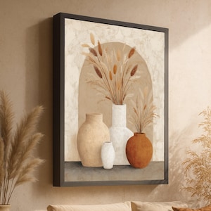 May include: A framed canvas art print featuring a still life composition. The artwork depicts several vases in shades of beige, white, and terracotta, filled with dried grasses. The background has an arch shape, and the frame is black.