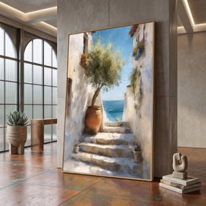 Leinwandbild: Mediterrane Gasse, Küstendorf-Szene, Olivenbaum-Topf-Kunstwerk, Wandbild: Treppe am Meer, Dekoration: Sonniger blauer Himmel #0994
