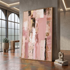 Pink and Gold Abstract Canvas Wall Art, Modern Neutral Tones Artwork, Contemporary Home Decoration, Large Square Canvas Painting #0964