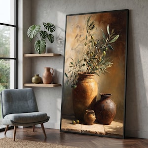 Rustic Olive Branch Canvas, Mediterranean Still Life Wall Art, Terra Cotta Vase Decoration, Decorative Olive Tree #0822