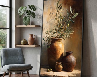 Rustic Olive Branch Canvas, Mediterranean Still Life Wall Art, Terra Cotta Vase Decoration, Decorative Olive Tree #0822