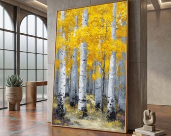 Golden Autumn Birch Trees Canvas, Yellow Forest Wall Art, Nature Painting, Fall Landscape Canvas, Rustic Home Decor #0823
