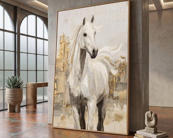 Lienzo de caballo blanco majestuoso, elegante arte mural animal, pintura abstracta, decoración de estilo rústico, listo para colgar n.° 0504