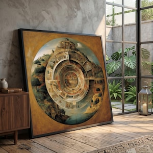 Può includere: Opera d'arte incorniciata con un'illustrazione circolare a più livelli con elementi architettonici e paesaggistici. L'opera d'arte è su uno sfondo caldo e dorato e incorniciata in nero. È appoggiata a un muro vicino a una finestra.