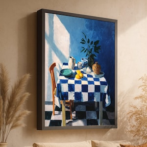 May include: A framed painting depicts a still life scene. A table with a blue and white checkered tablecloth holds a plate, lemons, and a vase. A wooden chair sits beside the table. The background is a blue wall with a patch of sunlight.