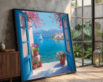 Mediterranean Seaside View Canvas, Floral Balcony Decor, Sailing Boat Landscape Canvas, Coastal Home Decoration #0119