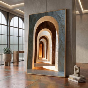 May include: A large rectangular framed wall art piece featuring a series of receding stone arches in shades of blue, beige, and warm orange. The perspective creates a tunnel effect with light casting circular shadows on the floor within the image.