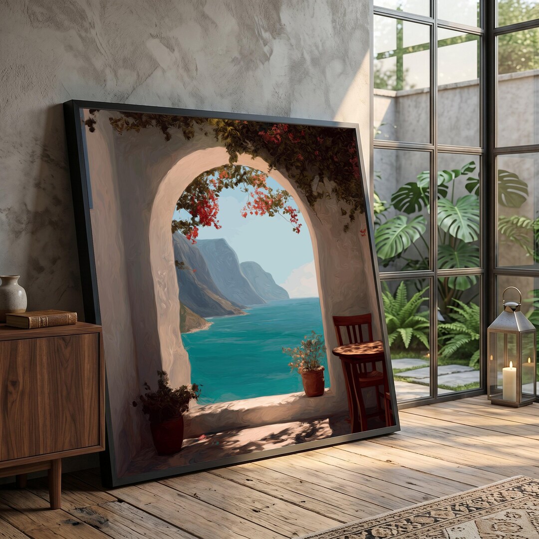 Mediterranean Seaside View Canvas, Rustic Archway Wall Art, Coastal ...