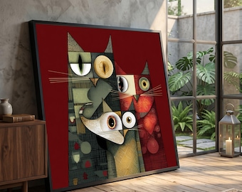 Abstract Geometric Cat Art Canvas, Modern Colorful Feline Wall Decor, Contemporary Animal Painting, Unique Home Decoration #0270