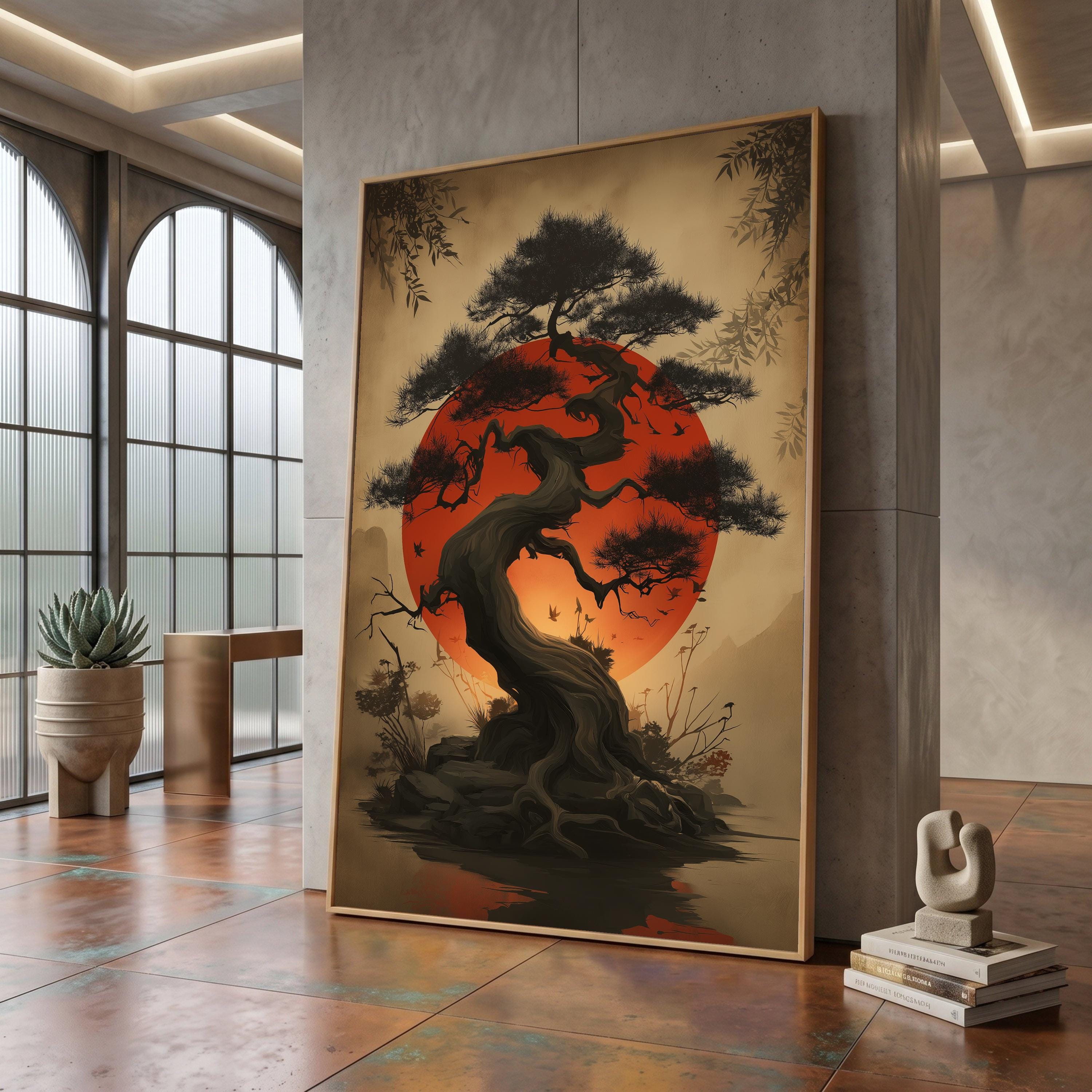 Majestic Bonsai Tree Canvas, Japanese Sunset Wall Art, Asian
