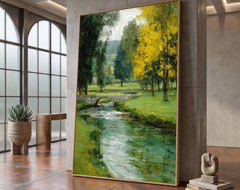 Tranquil River Landscape Canvas, Stone Bridge Wall Art, Autumn Trees Painting, Nature Scenery Canvas #0331