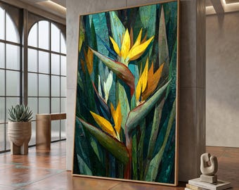 Lienzo vibrante con flor Ave del Paraíso, arte mural botánico tropical, impresión floral colorida en lienzo, decoración natural para el hogar #0033