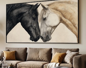 Quadro em tela com cavalos em preto e branco, pintura de retrato equino, arte rústica com animais, decoração para amantes de cavalos, estilo fazenda #0280