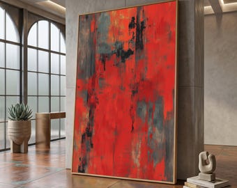 Bold Red and Black Abstract Canvas, Modern Industrial Wall Art, Urban Style Canvas, Contemporary Home Decor Painting #0842