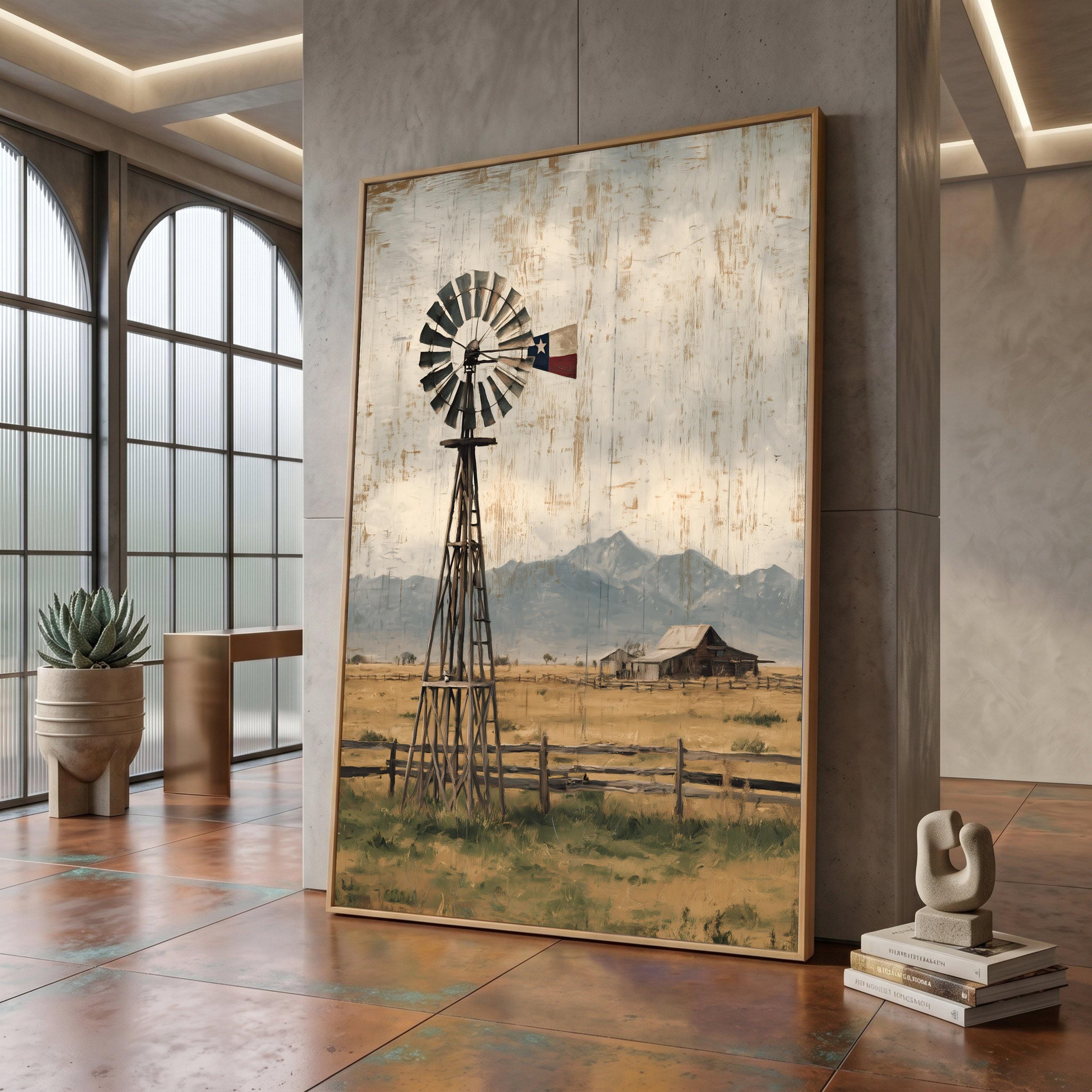 Rustic Texas Windmill Canvas, Country Farmhouse Wall Art, Vintage