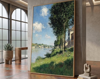 Tranquil Riverside Landscape Canvas, Tree Lined Riverbank Wall Art, Impressionist Nature Scene, Countryside Canvas Decor, Calm Water #0030