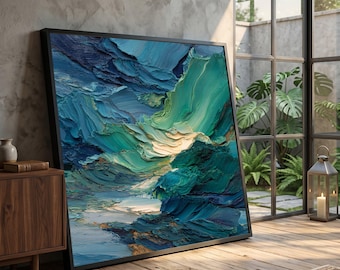 Lienzo con efecto de textura de olas oceánicas abstractas, arte con impasto azul verdoso, decoración de pared con pintura gruesa, lienzo costero moderno, pintura abstracta n.° 0616