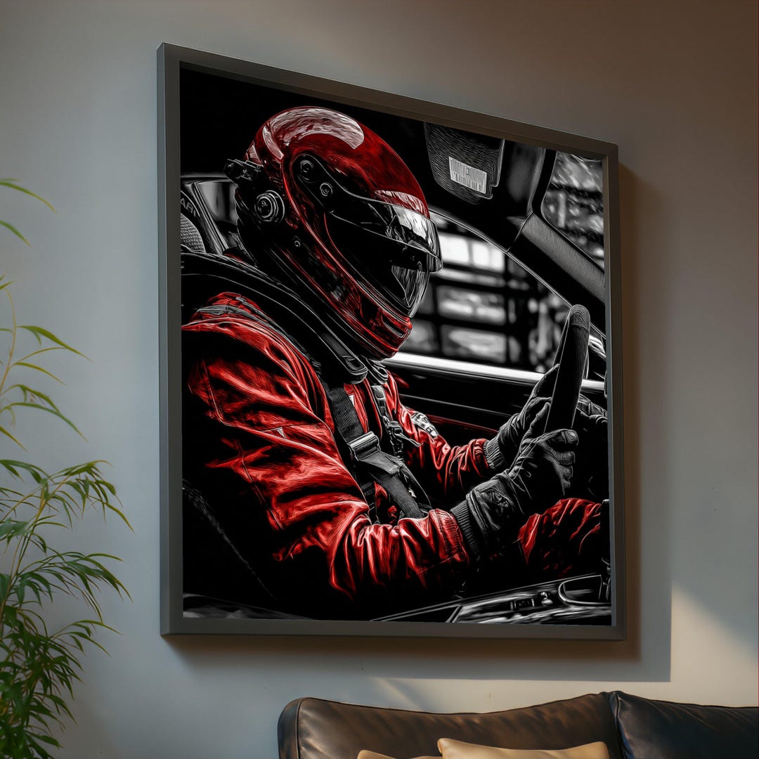 Race Car Driver Portrait Canvas, Motorsport Wall Art, Red Racing Helmet ...