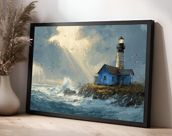 Coastal Lighthouse Canvas Wall Art, Blue Lighthouse Painting, Ocean Waves Artwork, Seascape Canvas Print, Nautical Wall Decor #0672