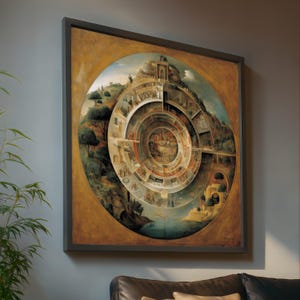 May include: A framed artwork depicting a circular, layered landscape with architectural elements and figures. The artwork features a warm color palette with shades of brown, beige, and blue. The frame is dark gray, and the artwork is hanging on a gray wall.
