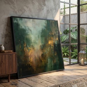 Lienzo abstracto de paisaje forestal, arte mural moderno, decoración del hogar en verde y dorado, lienzo contemporáneo de gran tamaño n.° 0972
