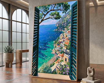 Scenic Coastal Village View, Open Window Canvas, Mediterranean Sea Canvas, Cliffside Landscape Wall Art, Blue Waters Canvas Decor #0668