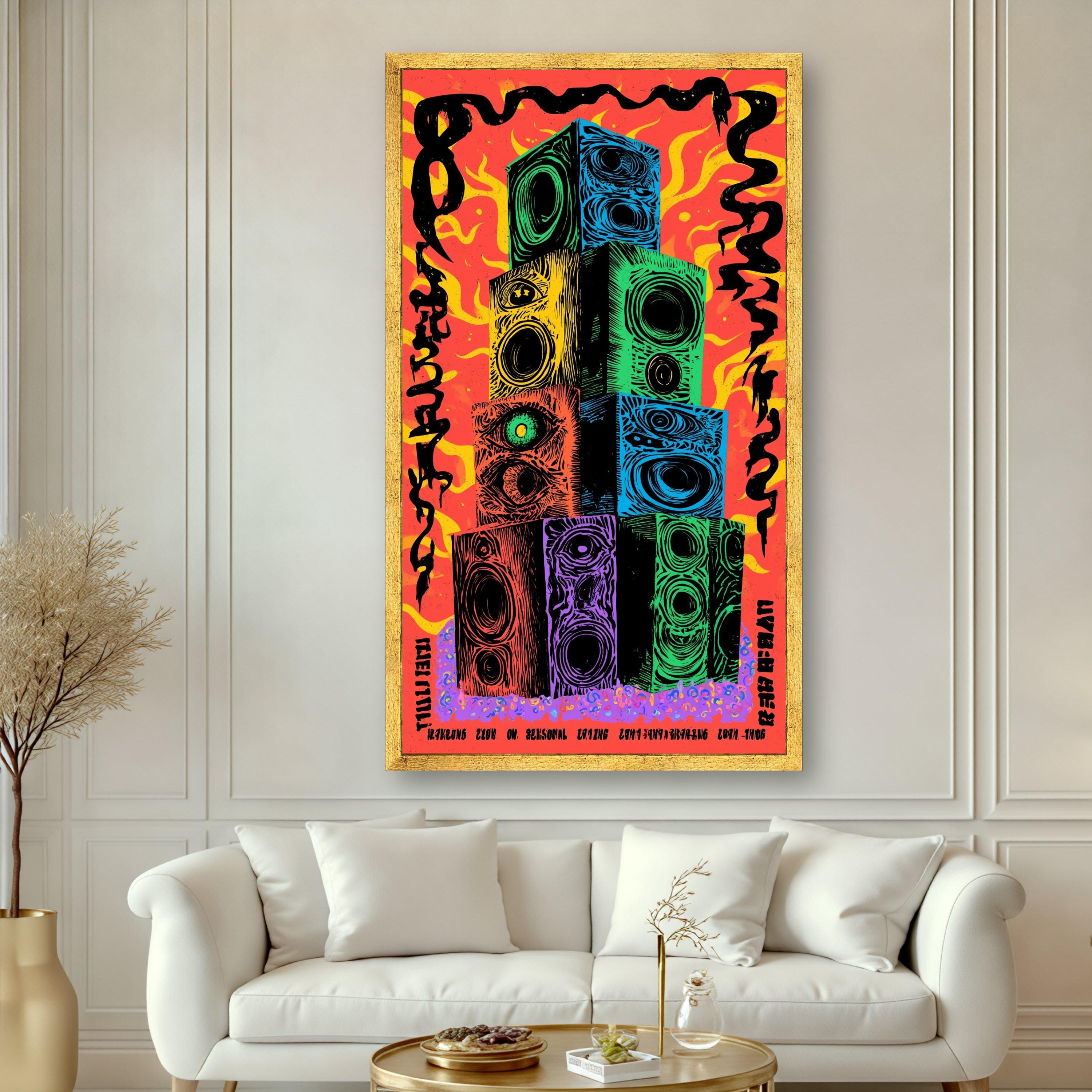 Vibrant Abstract Speakers Stack Canvas, Psychedelic Music Art