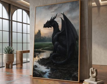 Lienzo de dragón negro majestuoso, ilustración de criatura fantástica, decoración de paisaje místico, pintura de bestia mítica oscura n.° 1105