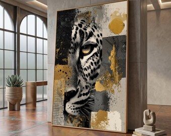 Majestätisk leopard närbild canvastavla, modernt djurporträtt, svart och guld abstrakt design, djurliv heminredning #0230