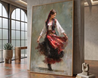 Graceful Woman Dancing, Traditional Folk Costume Canvas, Ethnic Dance Wall Art, Vintage Style Artwork, Cultural Home Decor Canvas #0347
