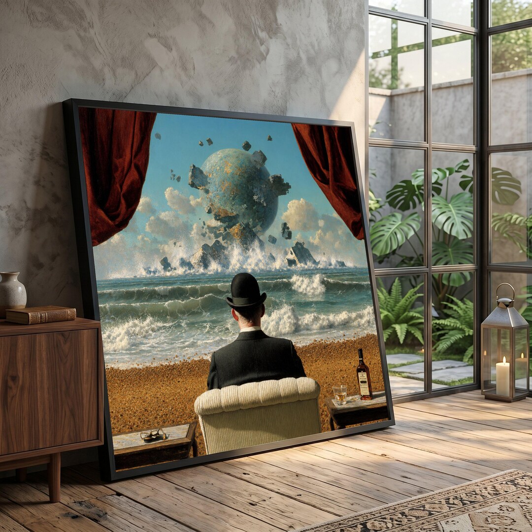 Surreal Man in Bowler Hat, Exploding Sphere Ocean View Canvas ...