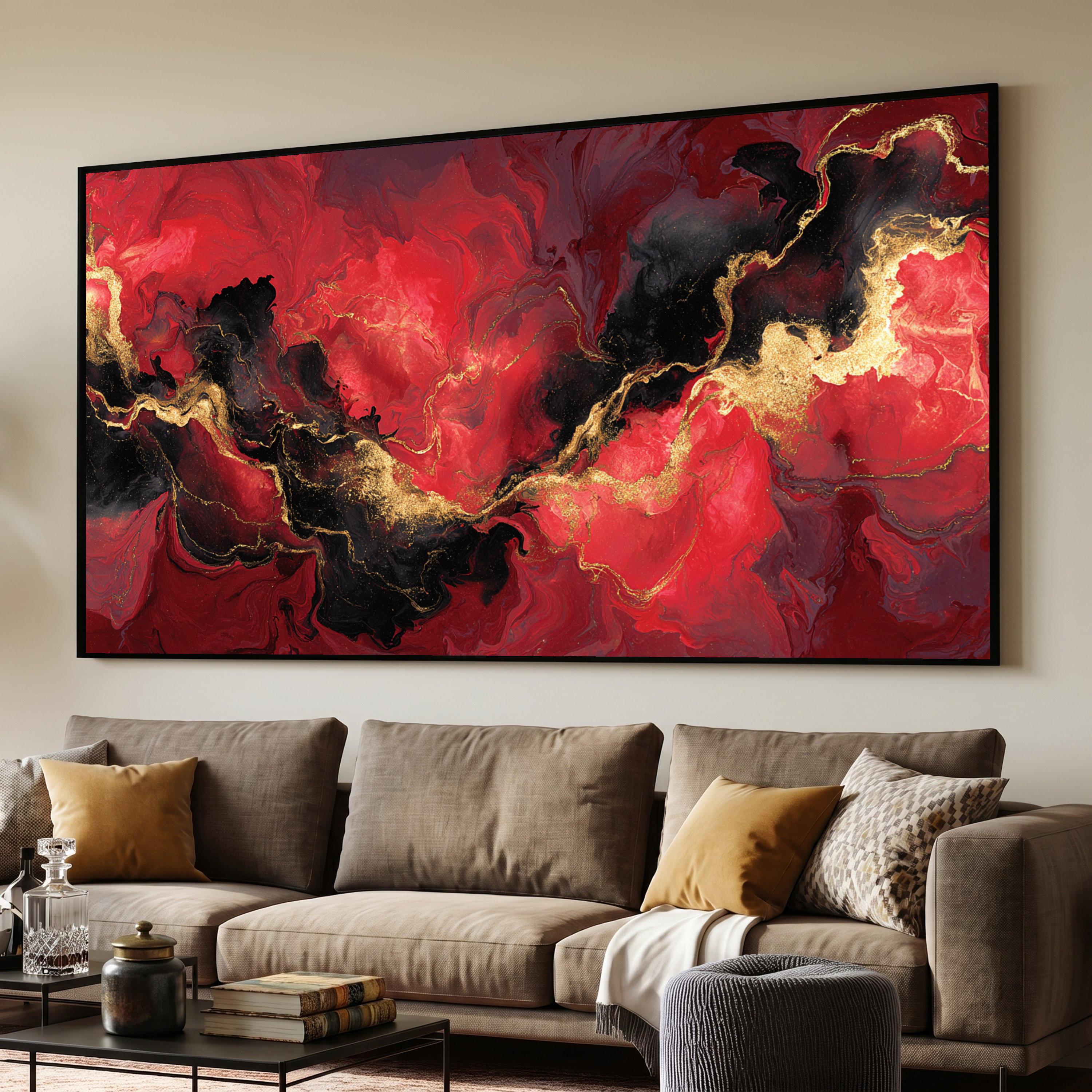 Bold Red and Black Abstract Canvas, Gold Vein Wall Art, Modern Luxury ...