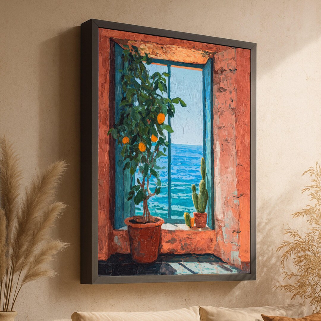 Mediterranean Window View Canvas, Orange Tree and Cactus Pot Plants ...