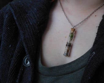 Tiny  flower terrarium long skinny glass vial Eco system necklace; glass bottle necklace; flower necklace