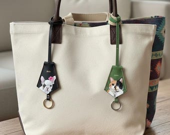 Custom Hand-Painted Pet Portrait Leather Bag Charm, Personalized Keychain, Luggage Tag, Dog/Cat Gift