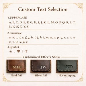 May include: Image showcasing custom text options, including uppercase, lowercase letters, and symbols. Examples of personalized effects are displayed on small leather items with initials in gold foil, silver foil, and hot stamping.