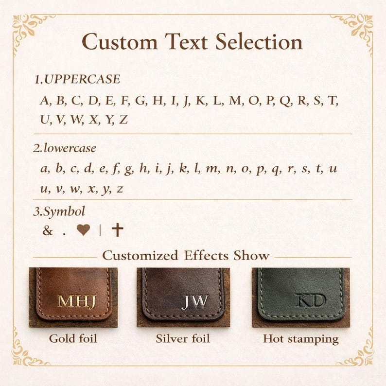 May include: Image showcasing custom text options, including uppercase, lowercase letters, and symbols. Examples of personalized effects are displayed on small leather items with initials in gold foil, silver foil, and hot stamping.