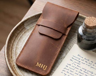 Personalized Full Grain Leather Pen Holder, Fountain Pen Case,leather 5 pen holder,foldover pen case,genuine leather pen pouch case