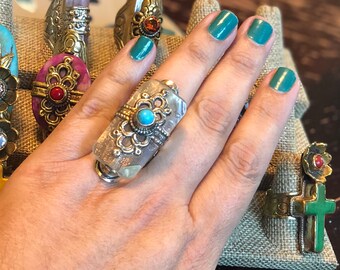 Tibetan Nepal tribal silver brass quartz amethyst semi-precious stone statement boho ring