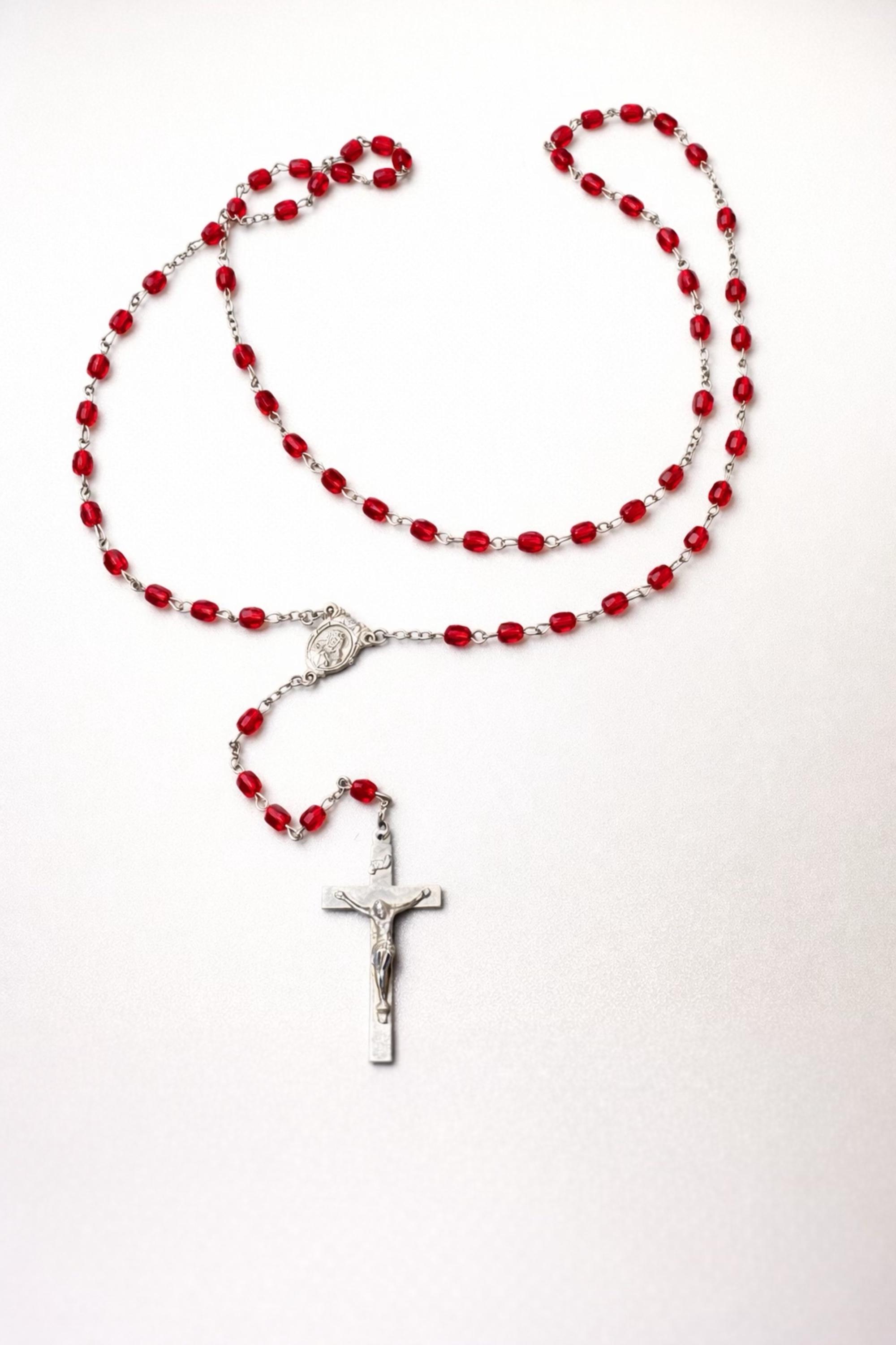 Catholic Church Ruby Vintage Catholic 1960s Ruby Red Czech Glass Faceted Rosary Beads, a ...
