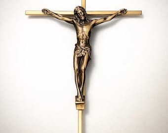 Vintage Y2K Catholic minimalist bronze Jesus 10 inches x 5 inches gold metal INRI cross with Bronze Jesus crucifix protection from evil