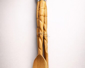 Vintage Y2K Kenya African wooden salad server set: Fork knife spoon handmade and hand carved with wire detail each unique and brand new!